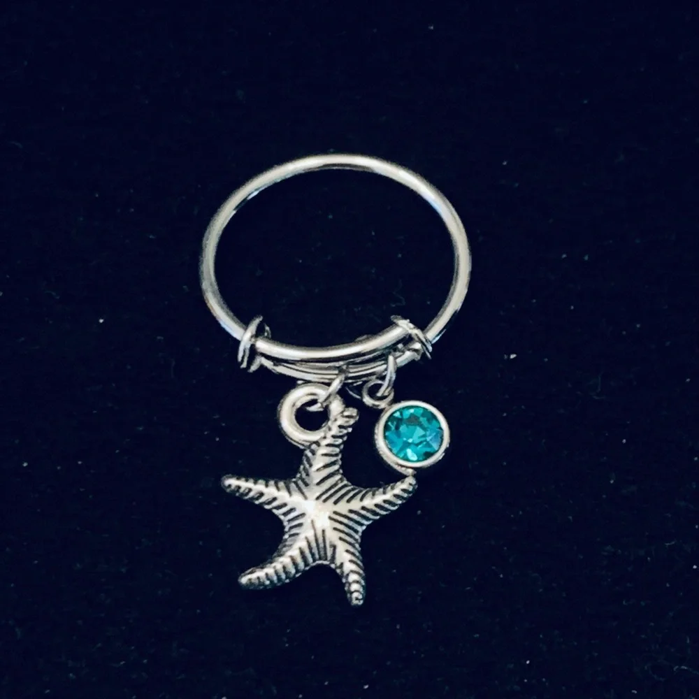 Starfish Shell charm dangle ring with birthstone/rhinestone charm